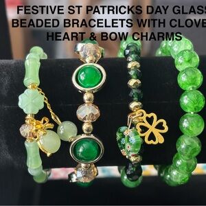 FESTIVE ST PATRICKS DAT GLASS BEADED BRACELETS W/CLOVER HEAR BOW CHARMS 4PC SET